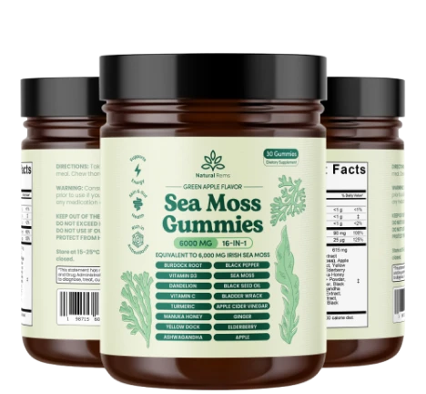 Three bottles of Natural Rems brand Sea Moss Gummies against a white background, showing different label angles.