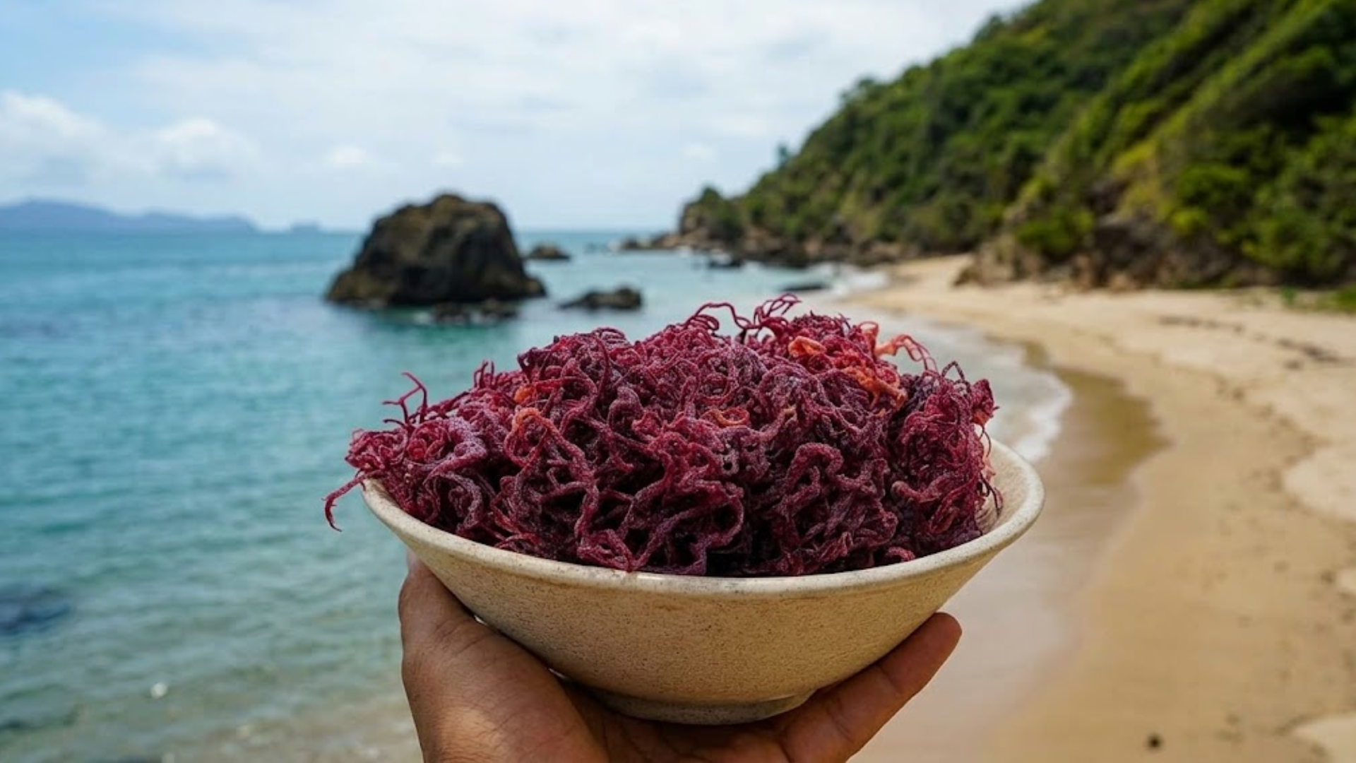 A hand holds a bowl of red seaweed in front of a tropical beach.