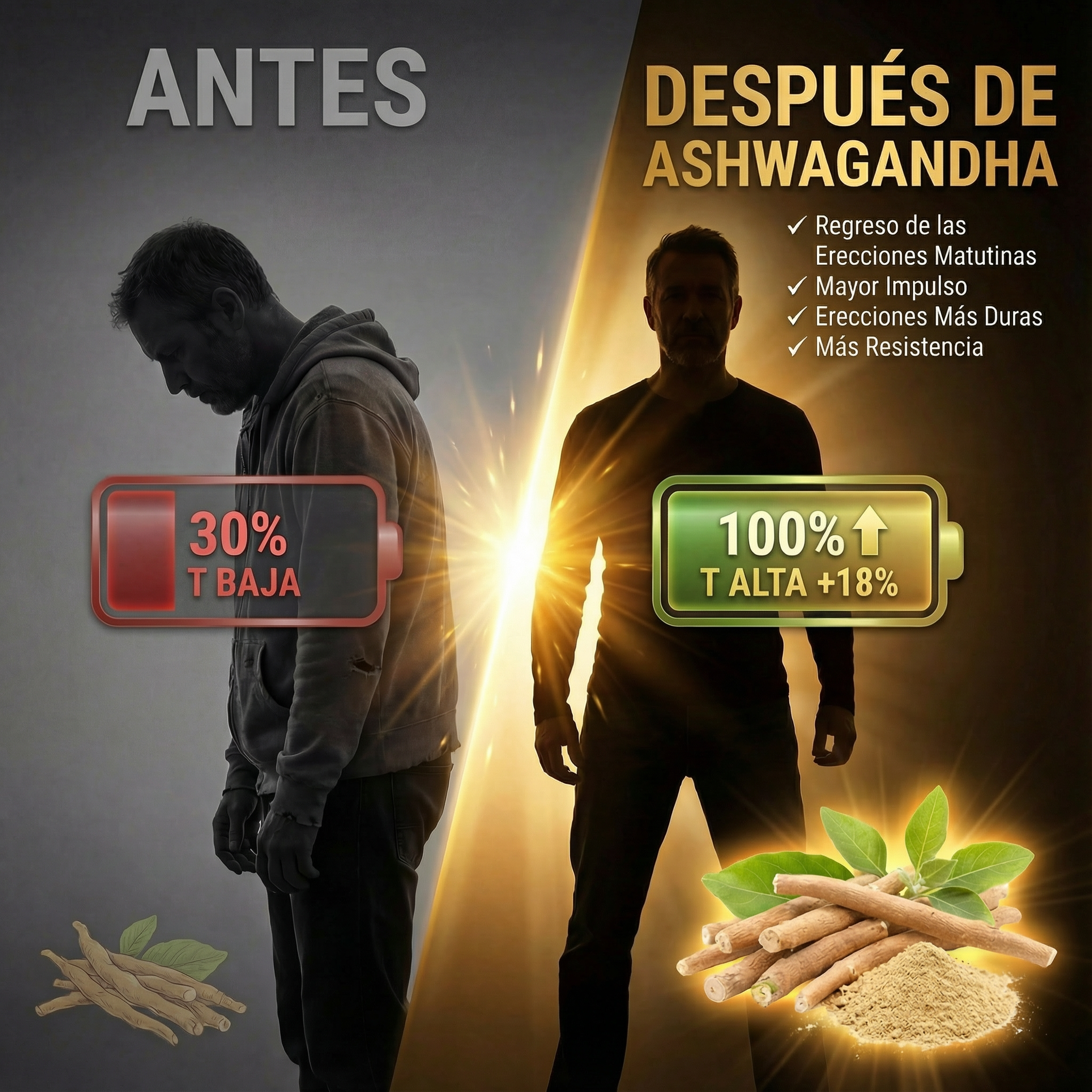 Two men, before and after, with text about Ashwagandha effects.