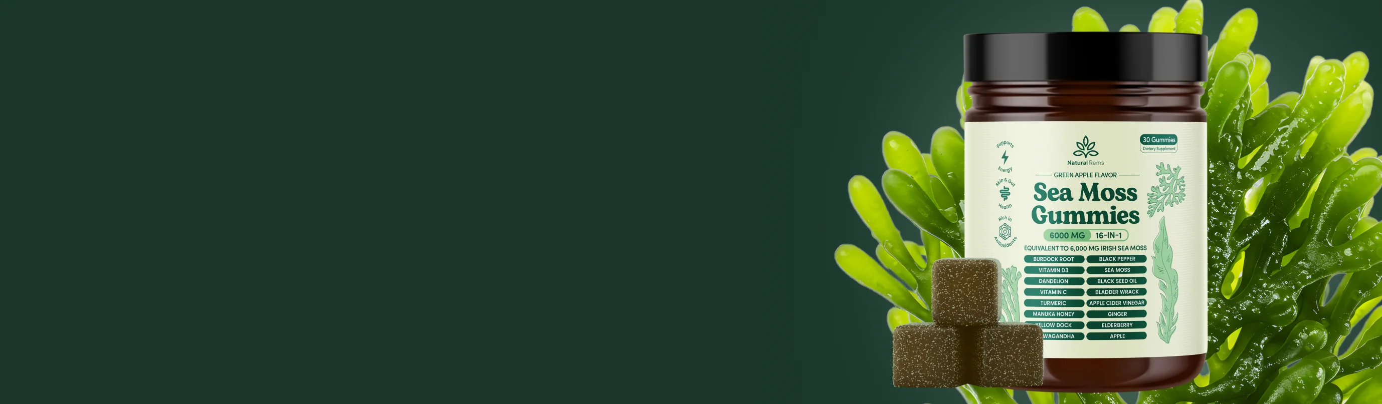 A jar labeled 'Sea Moss Gummies' with green leaves in the background.