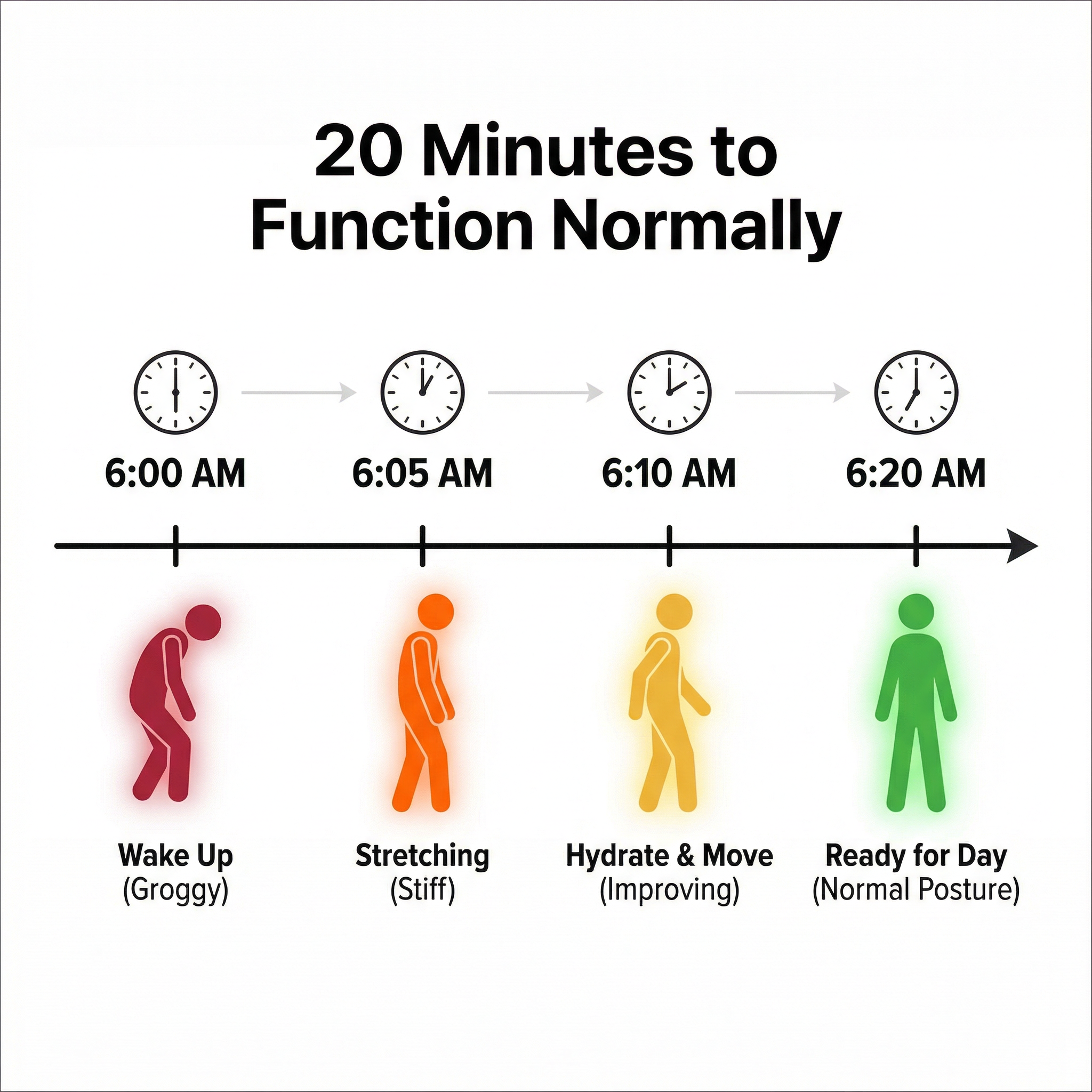 An infographic showing the 20-minute progression from waking up groggy to being ready for the day.