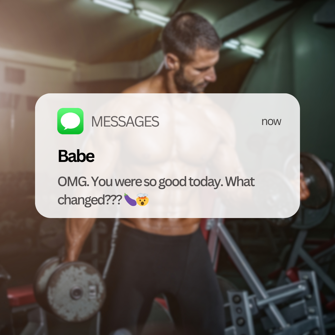 Man lifting dumbbells in a gym with a text message overlay.
