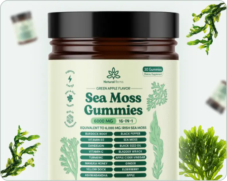 Bottle of Sea Moss Gummies with ingredient list and green seaweed graphics.