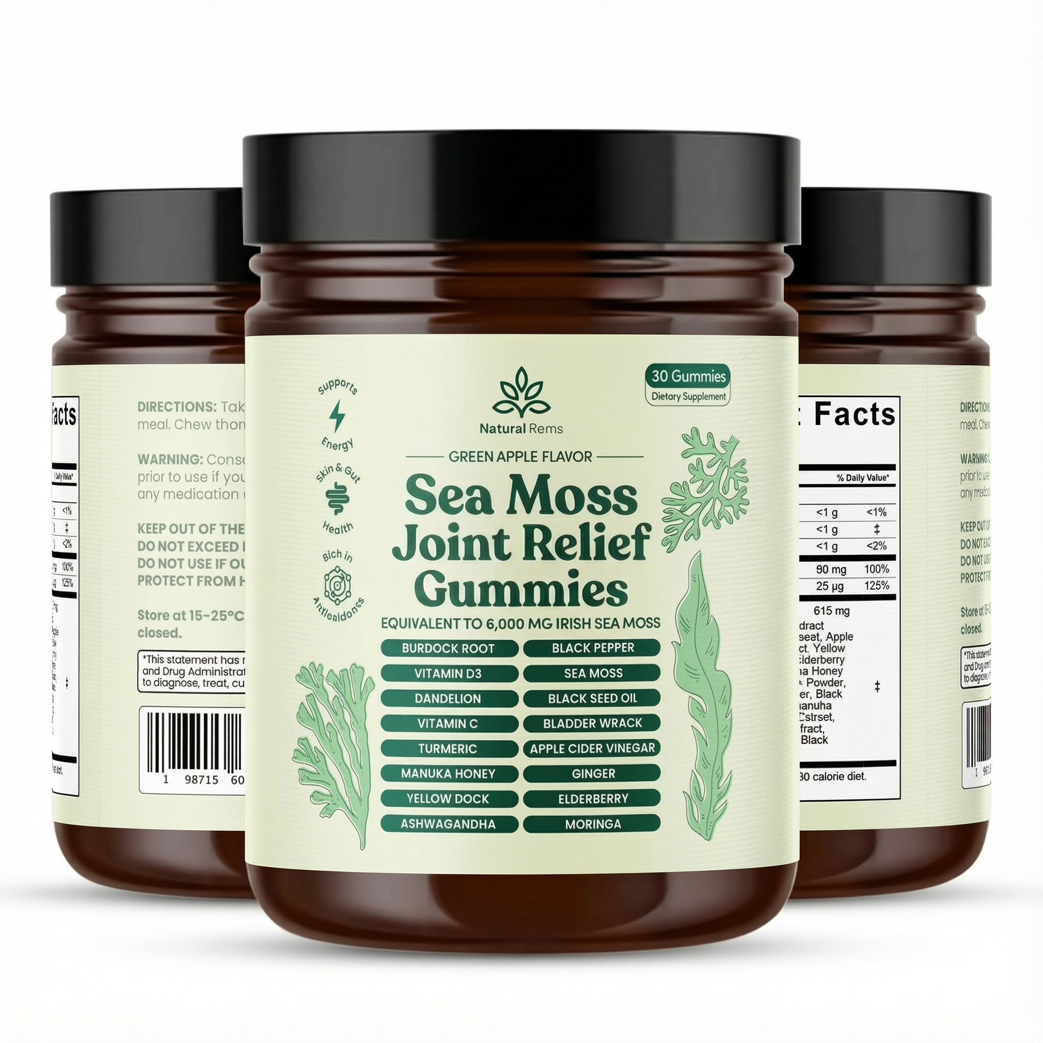 Three jars of Sea Moss Joint Relief Gummies with green apple flavor labels.