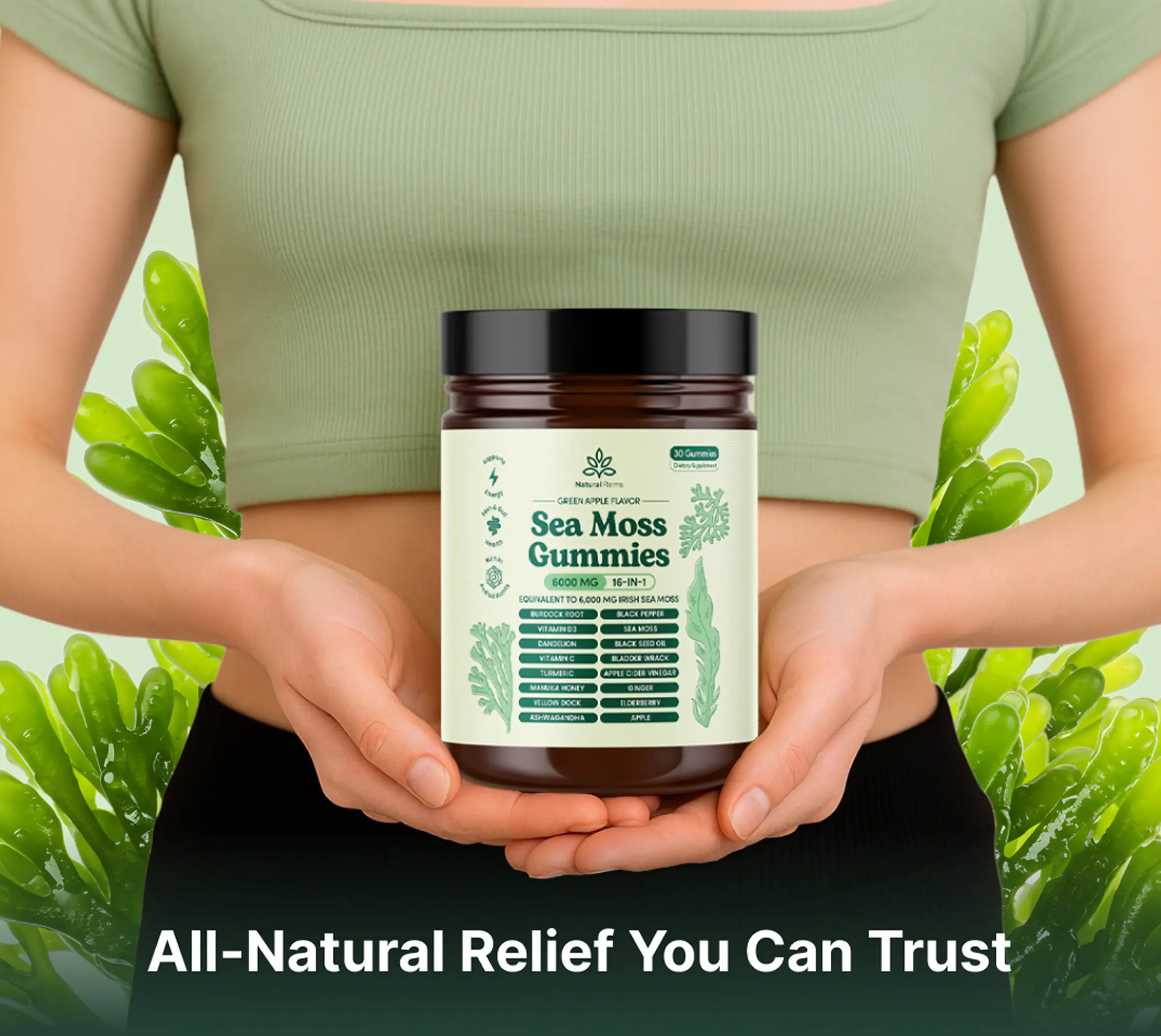 Person holding a jar of Sea Moss Gummies with green background.