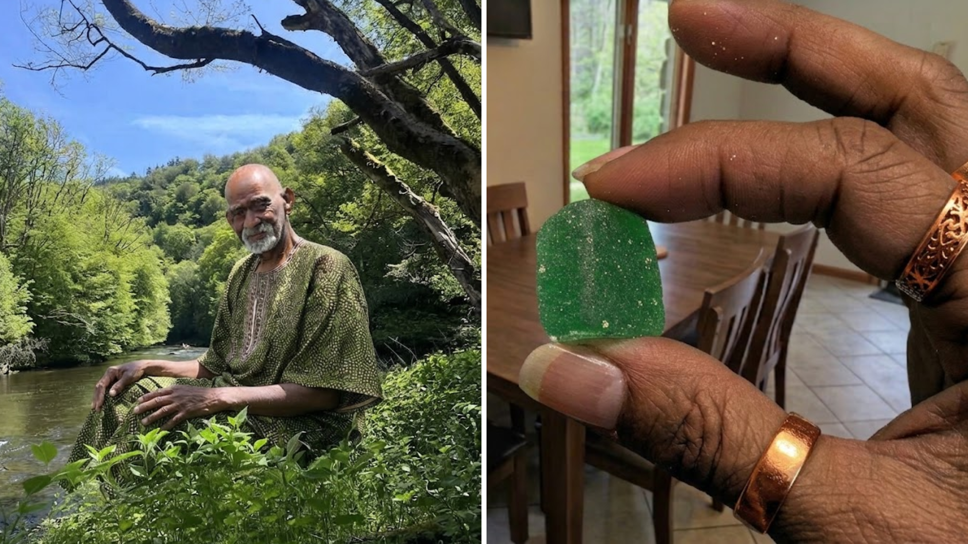 A split image showing a man in a tunic by a river and a hand holding a green gummy.