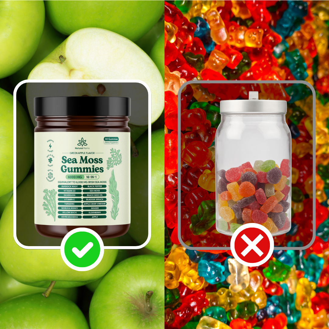 Comparison of sea moss gummies and a jar of colorful gummy bears.
