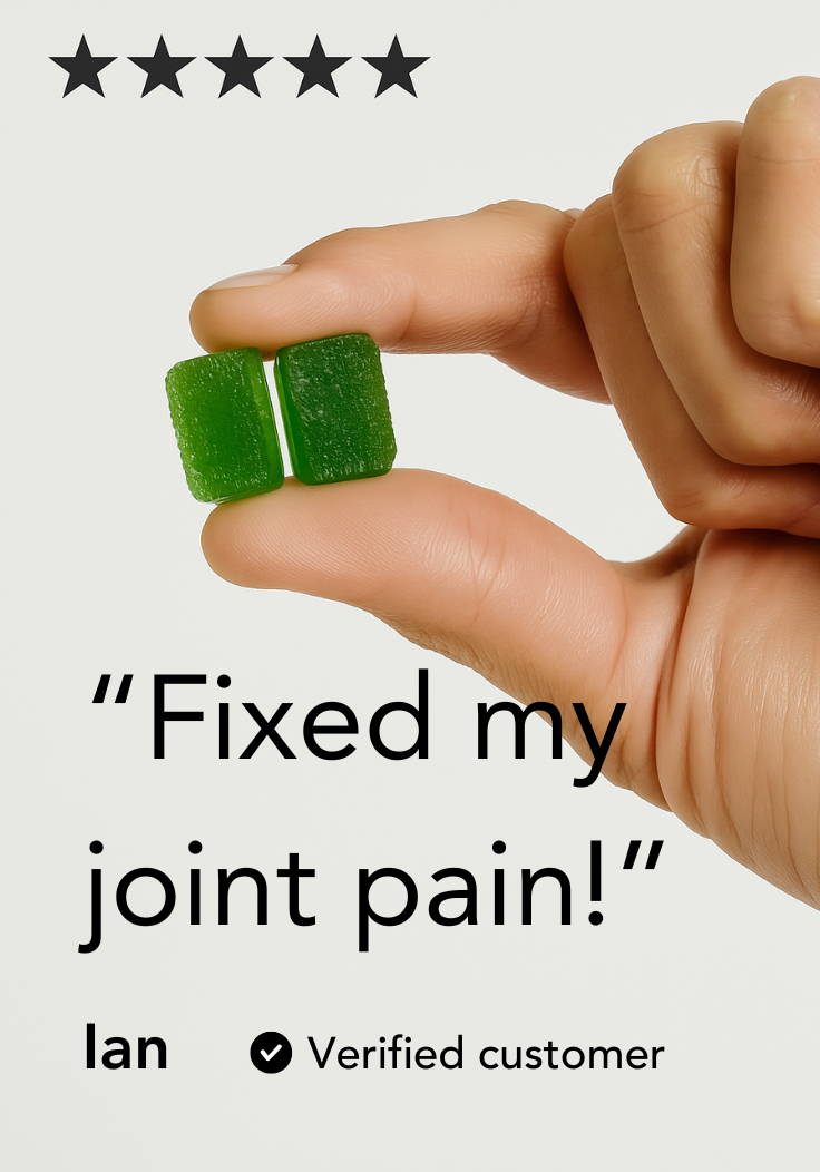 Hand holding two green gummies with text about joint pain relief.