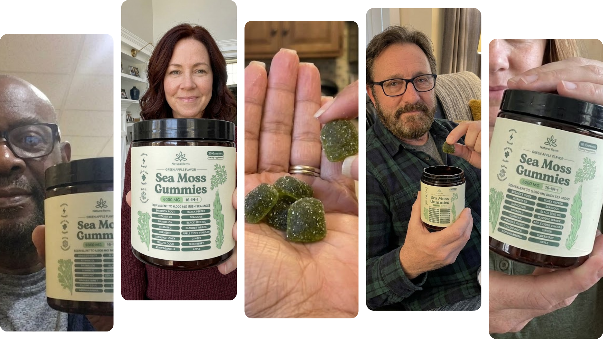 A collage of photos showing various people holding and using a bottle of Sea Moss Gummies.