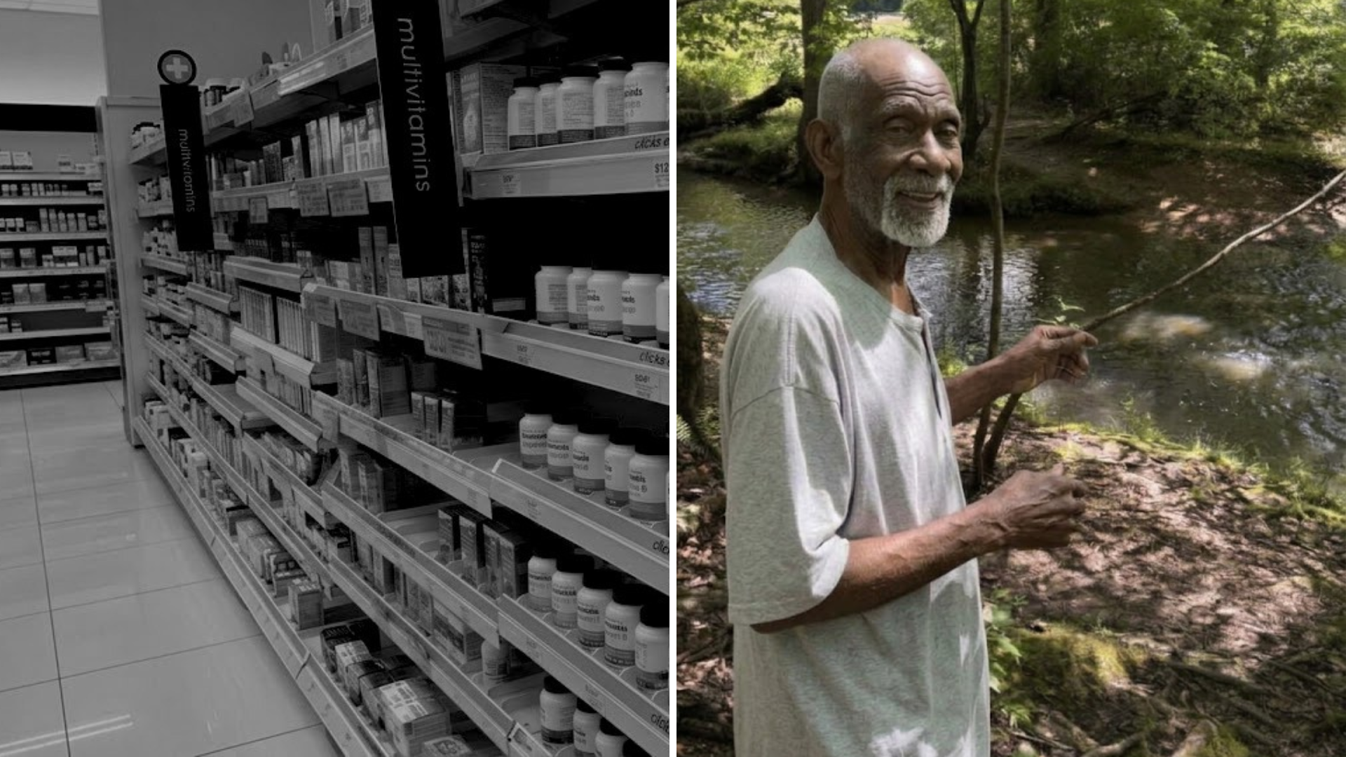 A diptych showing a pharmacy vitamin aisle and an elderly man fishing with a stick in a stream.