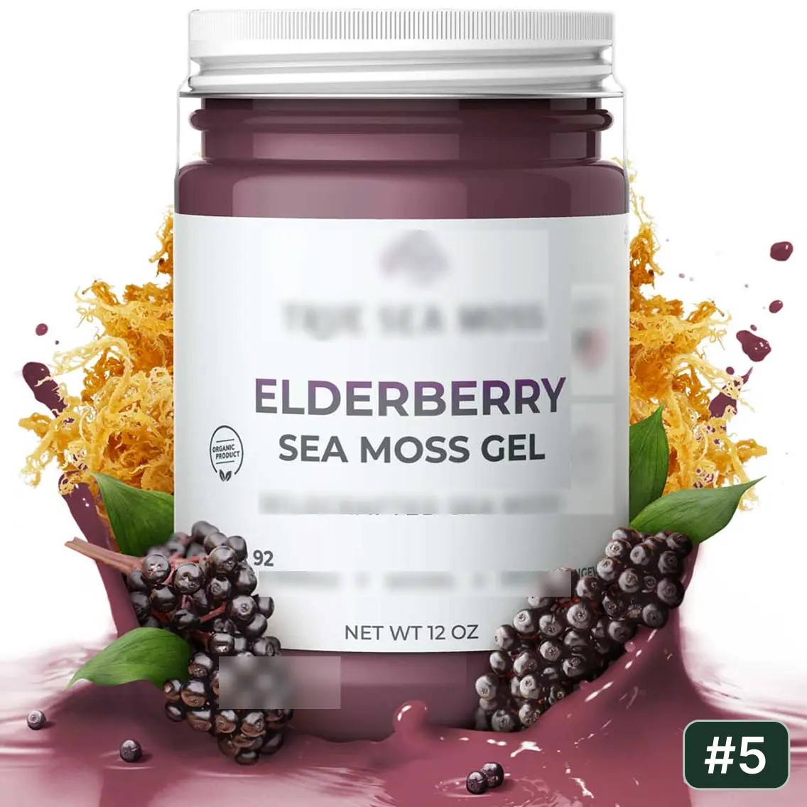 Jar of elderberry sea moss gel with elderberries and sea moss around it.