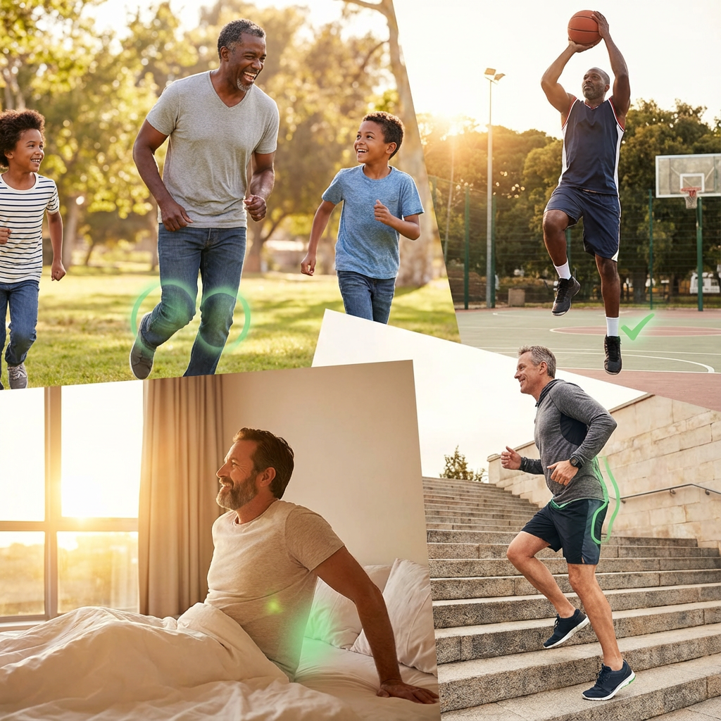 Collage of people running, playing basketball, and stretching in various outdoor settings.