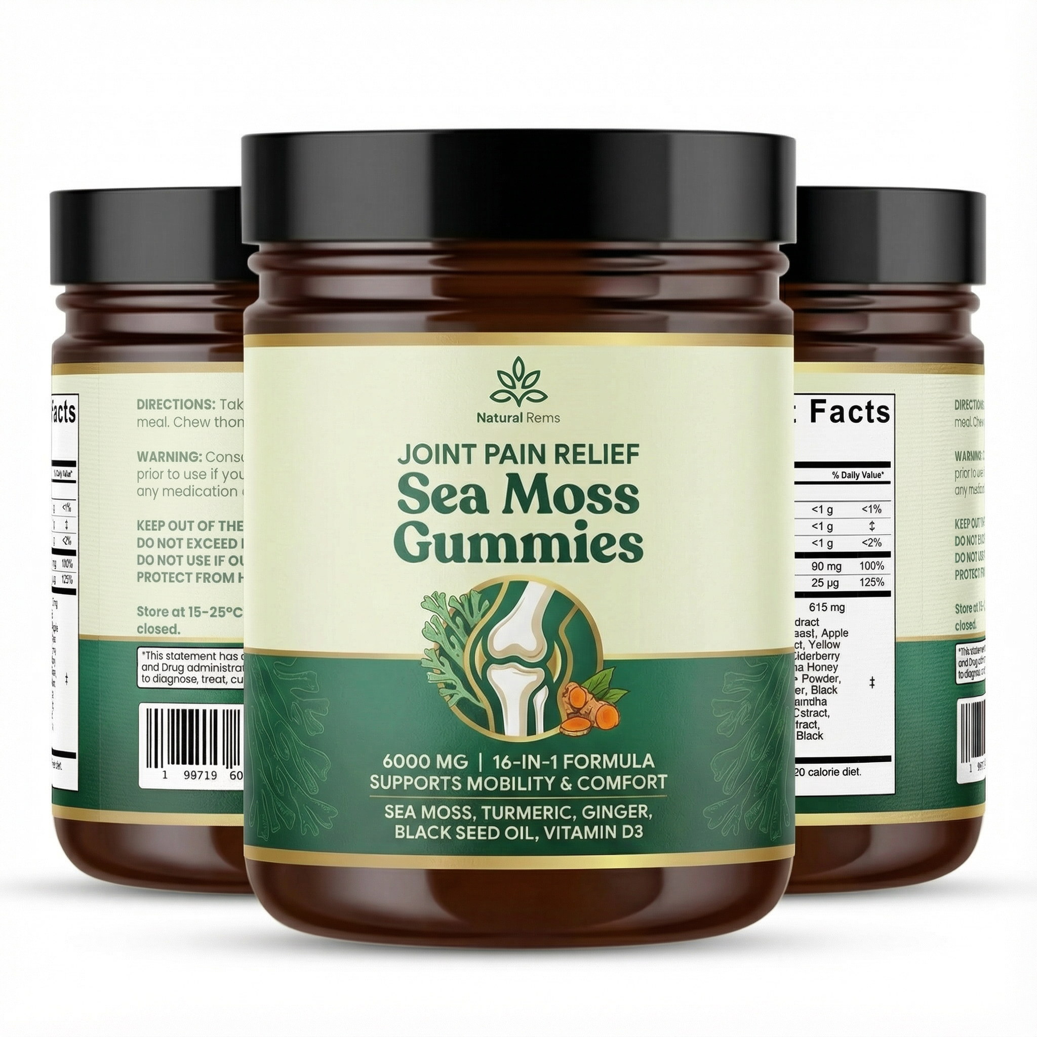 Three jars labeled 'Joint Pain Relief Sea Moss Gummies' with nutritional information visible.