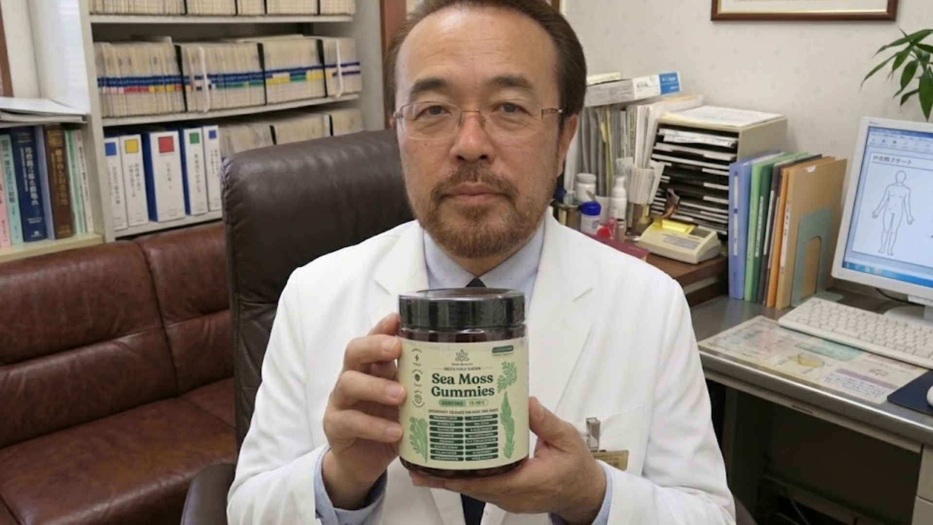 A man in a white lab coat sits in his office holding a jar of Sea Moss Gummies.
