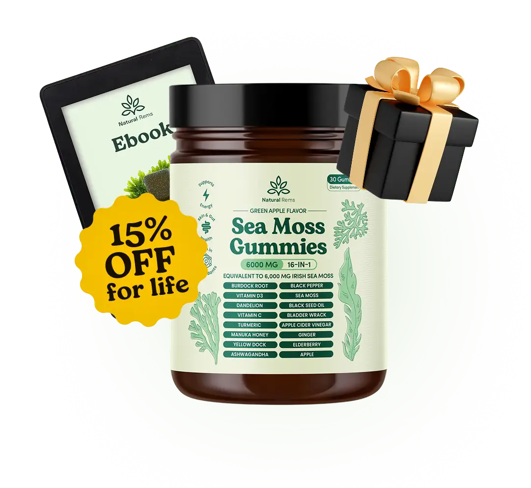 Sea Moss Gummies jar with a 15% off label, ebook, and gift box.