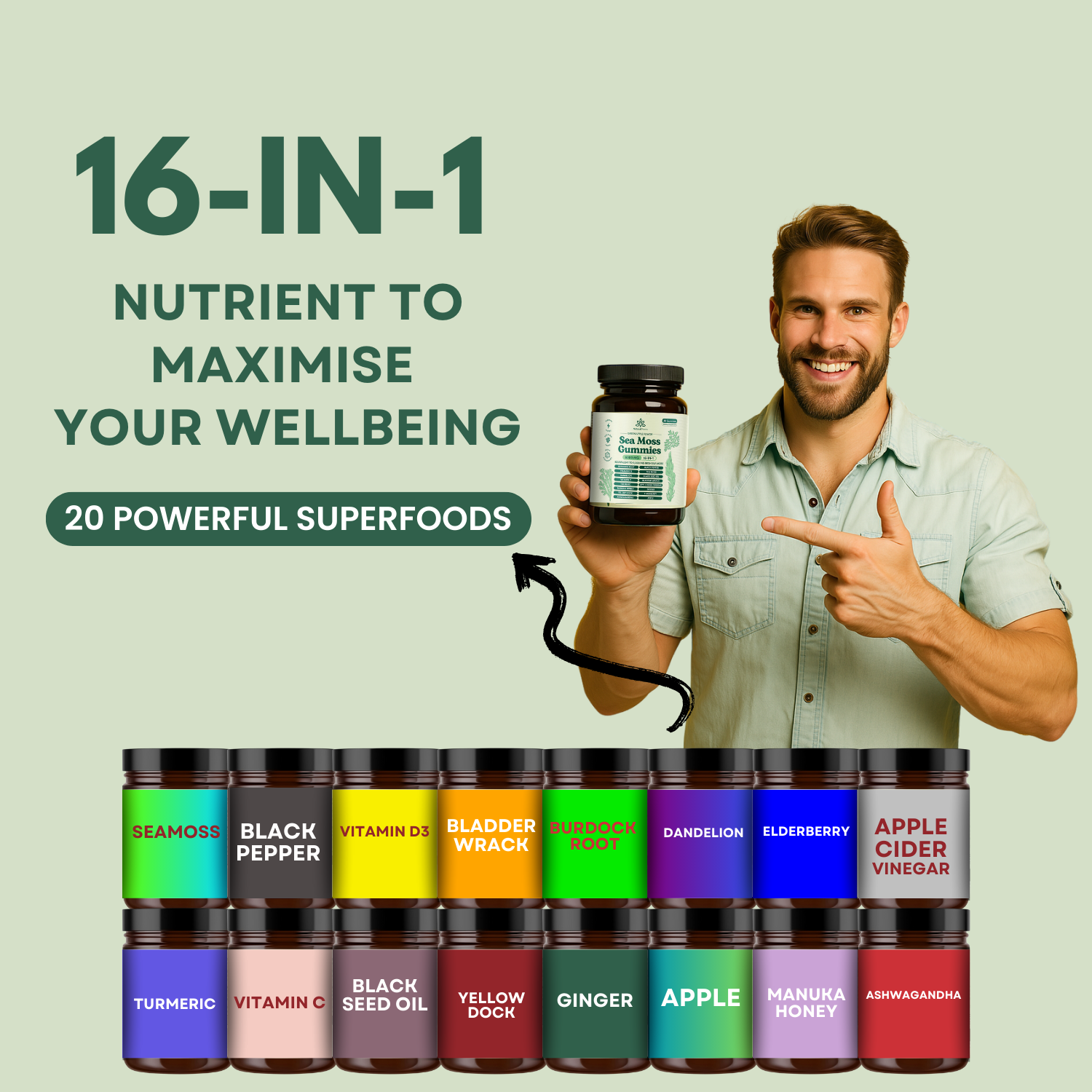 Man holding a bottle of Sea Moss Gummies with text about 16-in-1 superfoods.