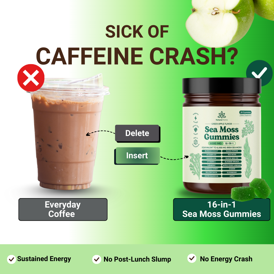 Comparison of iced coffee and sea moss gummies with energy benefits highlighted.
