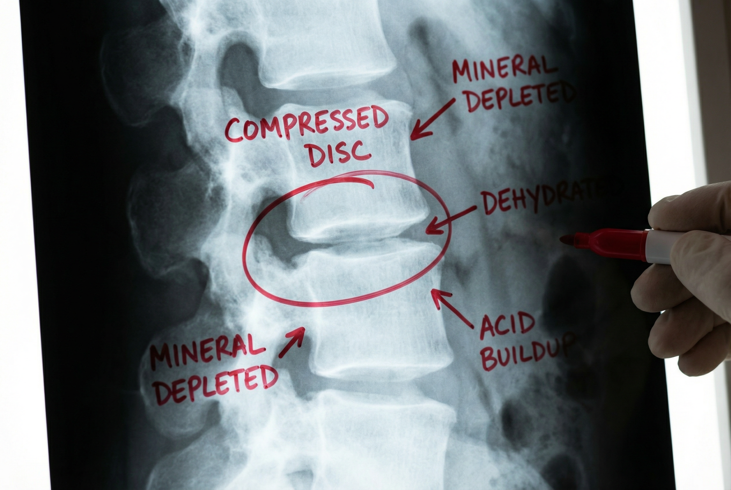 A hand with a red marker annotates a spinal x-ray, pointing out a compressed disc and other issues.