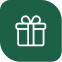 A white outline icon of a gift box with a bow on a dark green background.