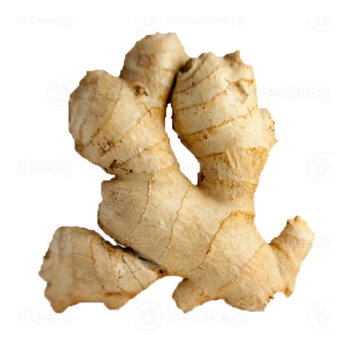 A close-up photograph of a fresh ginger root with light brown skin on a solid background.