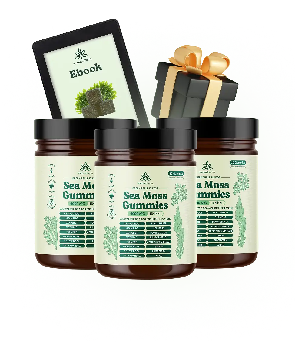 Three jars of Sea Moss Gummies with an ebook and a gift box.