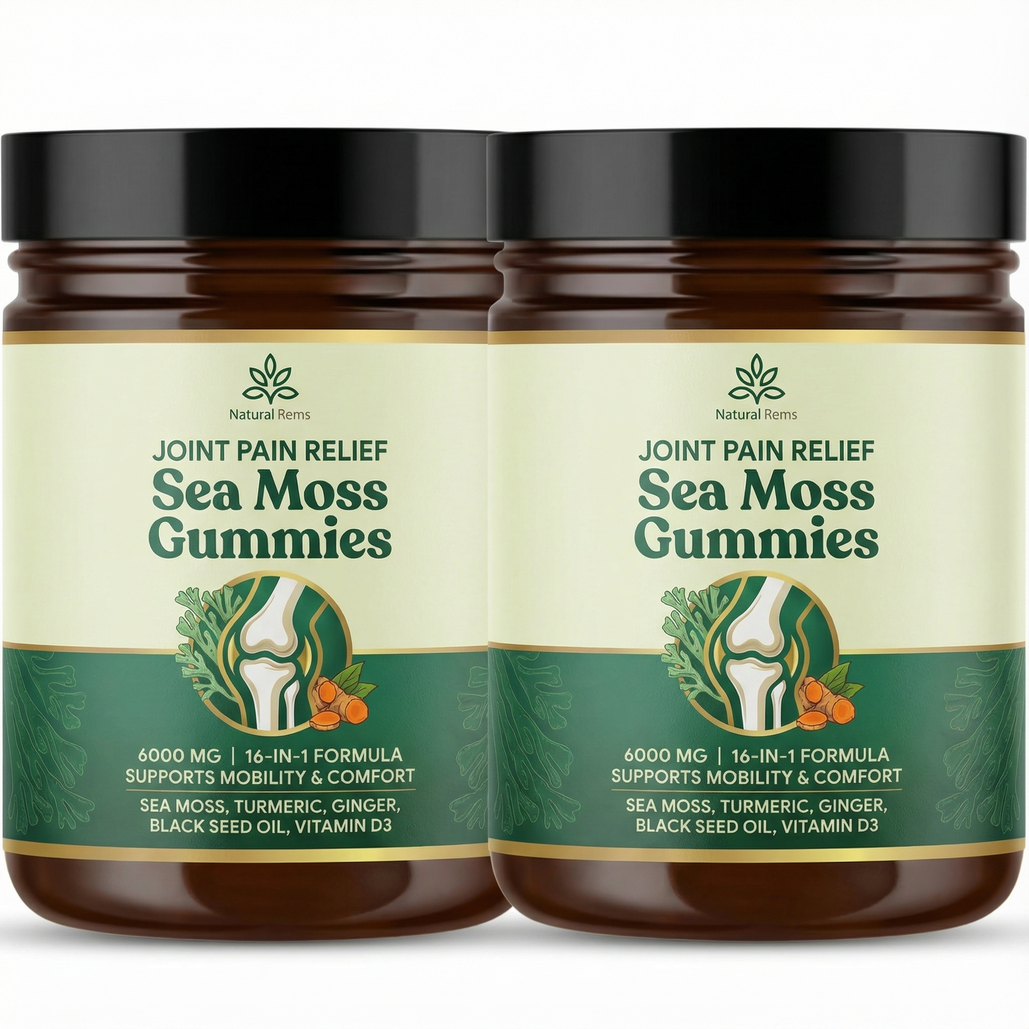 Two jars of Sea Moss Gummies for joint pain relief.