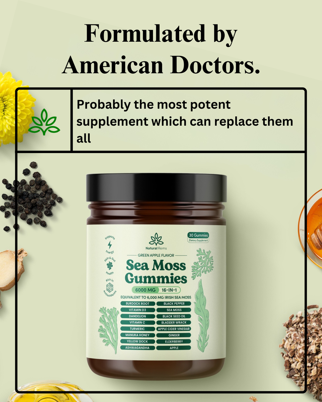Jar of Sea Moss Gummies with ingredients and text about formulation.