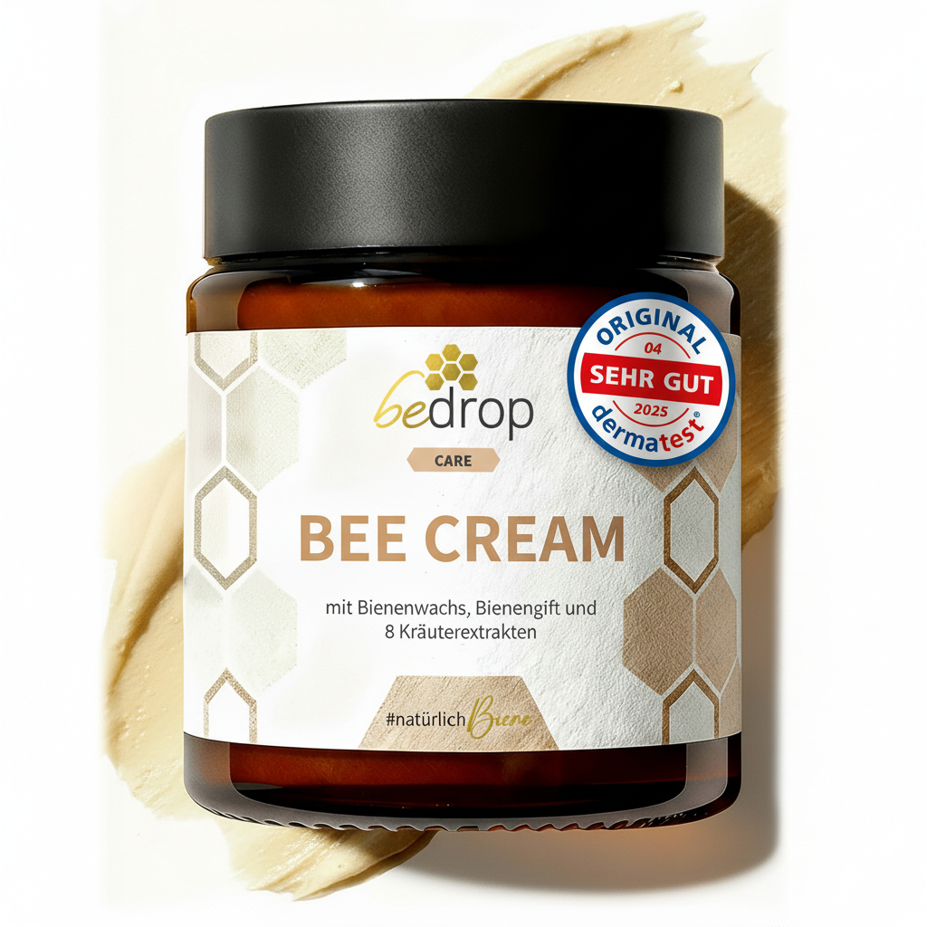 A jar of bedrop Bee Cream with a black lid, set against a smear of the cream.