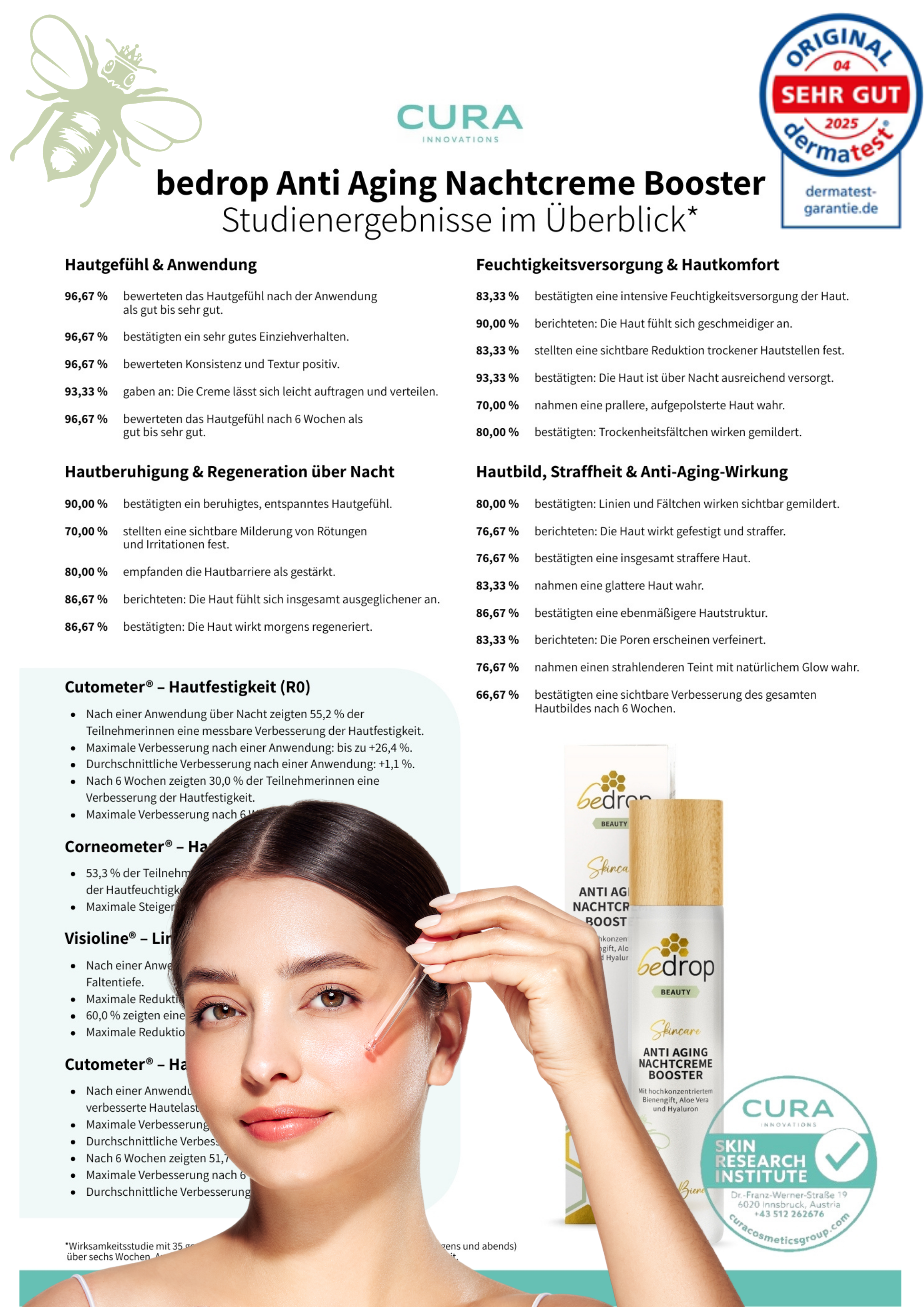 An infographic in German detailing study results for an anti-aging night cream, with photos of the product.
