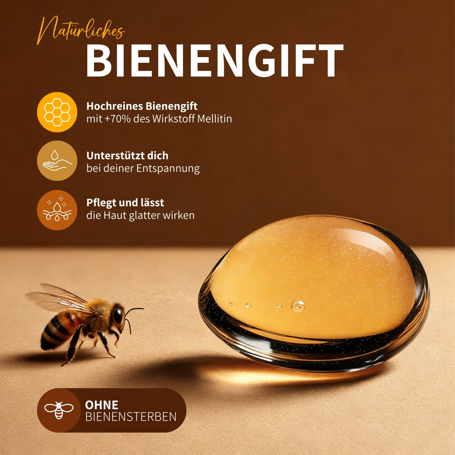 An advertisement for a bee venom product, showing a bee next to a large drop of golden serum.