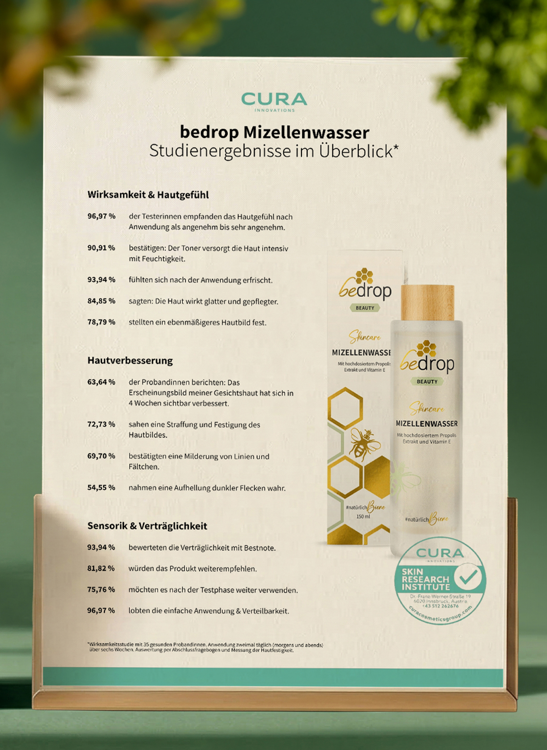 An advertisement for Bedrop Mizellenwasser showing the product and listing study results in German on a flyer.