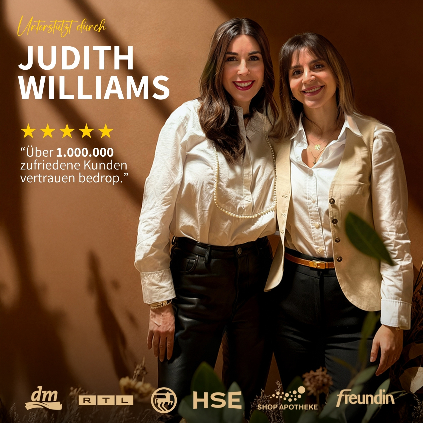 Two women smiling in a promotional image with German text and several company logos at the bottom.