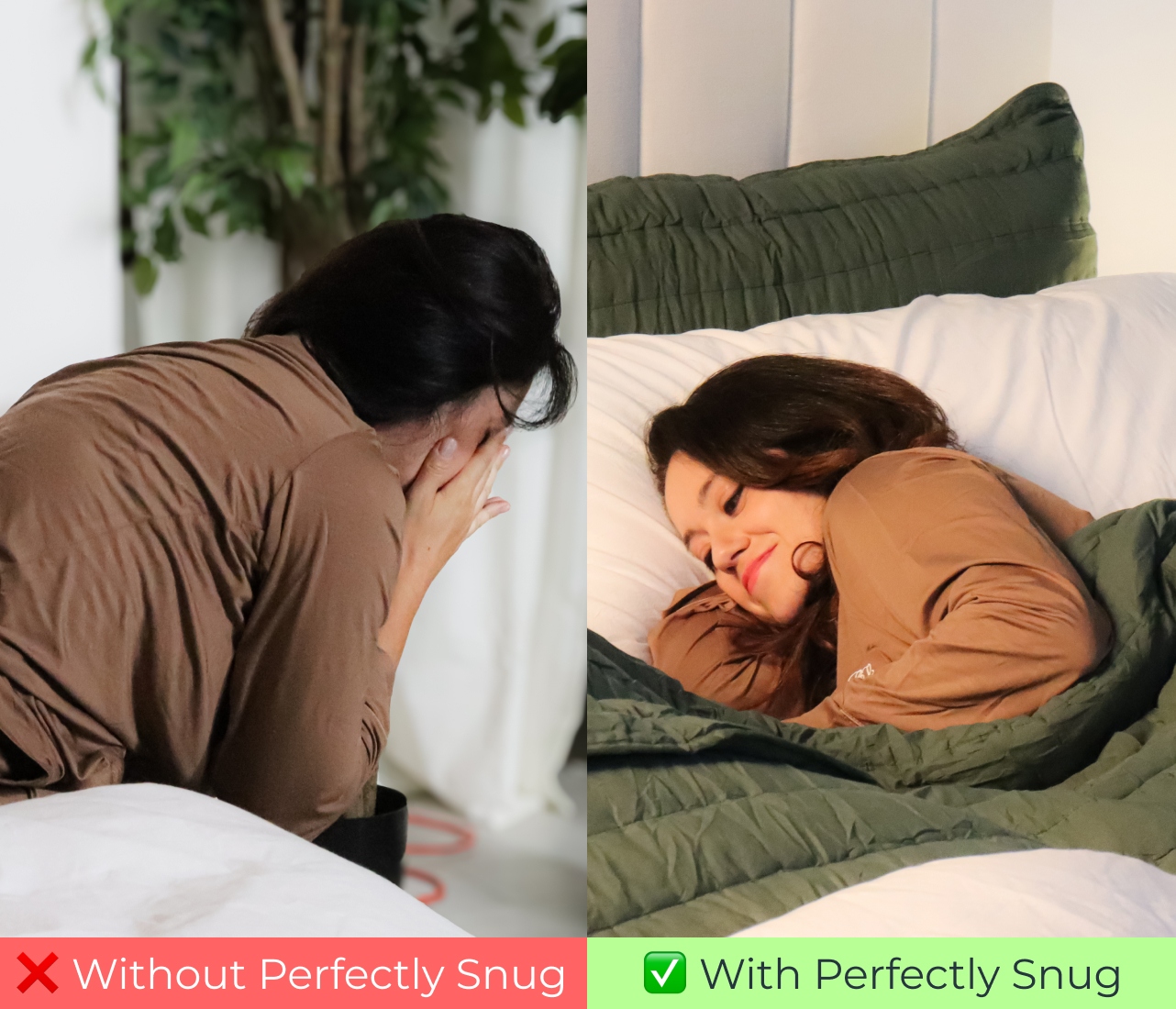 Split image: left shows a woman looking stressed, right shows her sleeping contently.