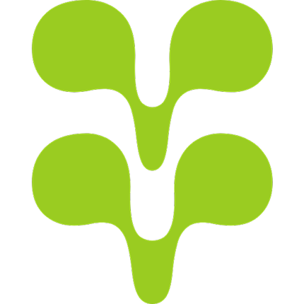 Green abstract shape resembling two mirrored pairs of leaves on a white background.