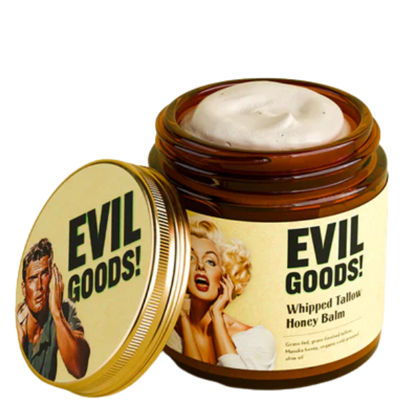 Brown jar labeled 'Evil Goods' with whipped tallow honey balm, vintage-style illustrations on lid.