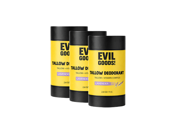 Three sticks of Evil Goods! Lavender Tallow Deodorant against a white background.