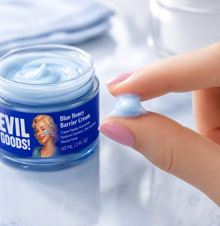 A hand holds a dab of light blue face cream, showing its texture, next to an open jar.