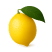A single yellow lemon with one green leaf attached to the stem, on a white background.
