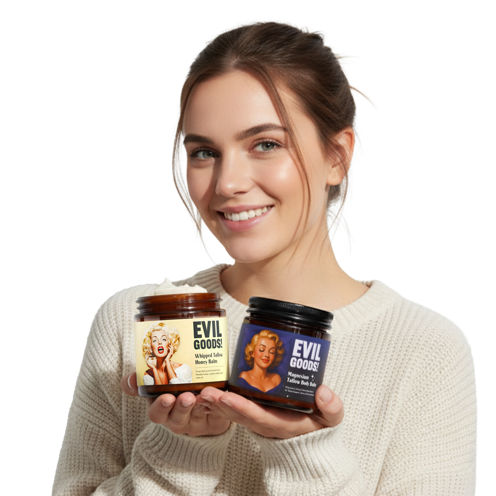 Woman holding two jars of beauty products labeled 'Evil Goods!' with vintage-style labels.