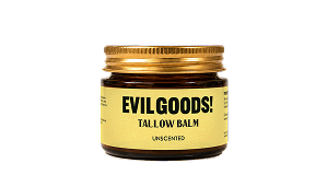 A small glass jar of Evil Goods! Unscented Tallow Balm with a gold lid on a white background.