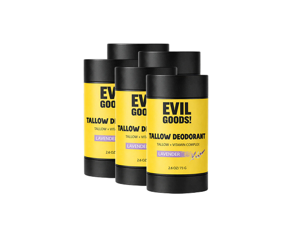 Five sticks of Evil Goods! Tallow Deodorant with a lavender scent, against a plain white background.