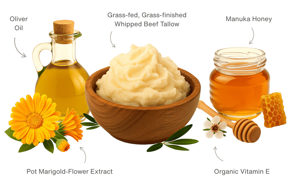 Ingredientes naturales: miel de manuka, sebo de vaca, caléndula y aceite de oliva
