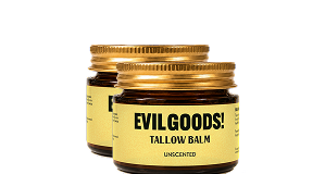 Two small amber glass jars with gold lids, labeled 'EVILGOODS! TALLOW BALM UNSCENTED' against a white background.