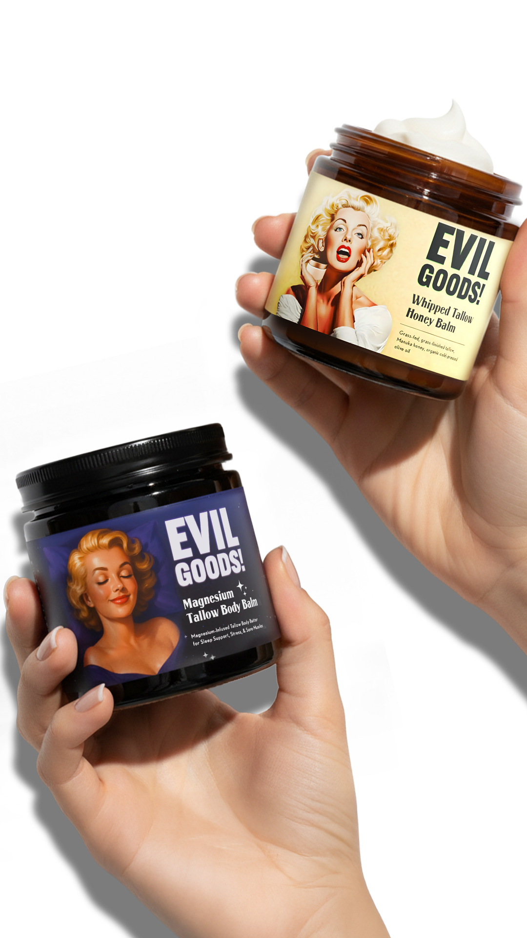 Two hands holding jars labeled 'Evil Goods!' with vintage-style illustrations.