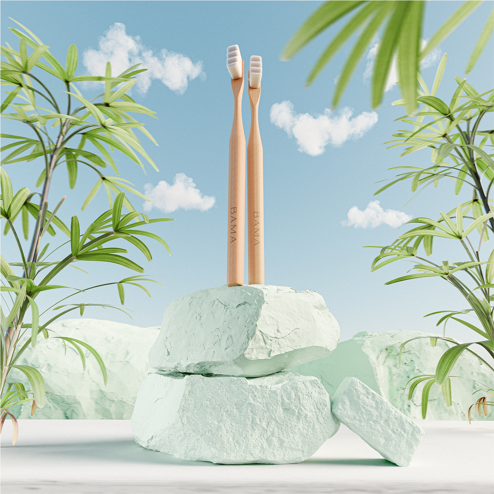Two wooden toothbrushes on stacked green rocks with plants and cloudy sky.