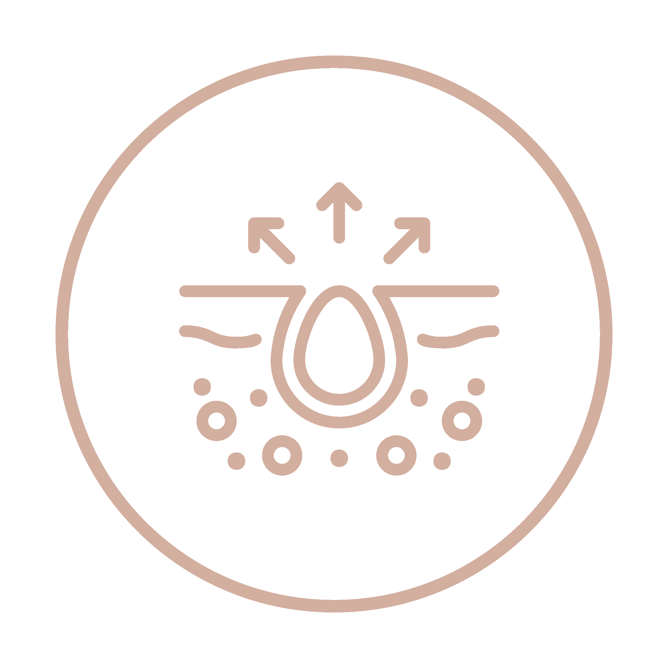 A line art icon of a skin pore being cleansed, set within a circle.