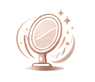 A stylized illustration of a sparkling rose gold vanity mirror on a stand.