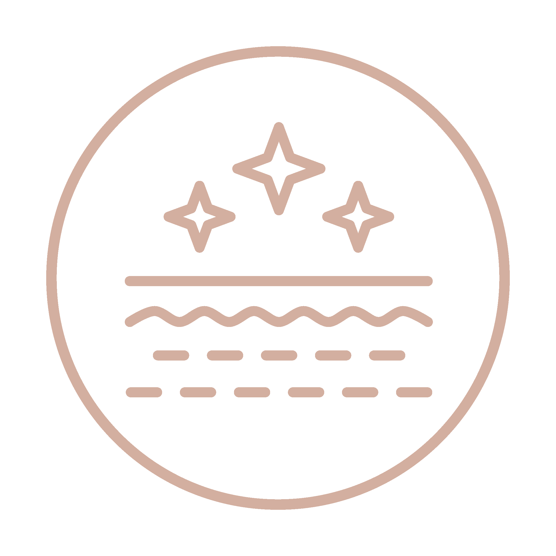 A circular icon with three four-pointed stars above a solid, a wavy, and a dashed horizontal line.