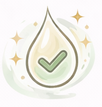 A stylized, sparkling droplet of liquid containing a green checkmark.