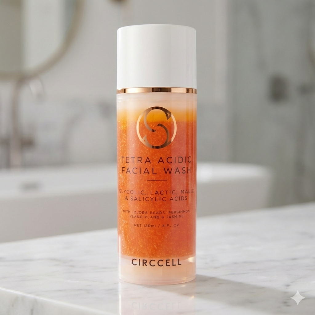 A bottle of Circcell Tetra Acidic Facial Wash sits on a marble bathroom counter.
